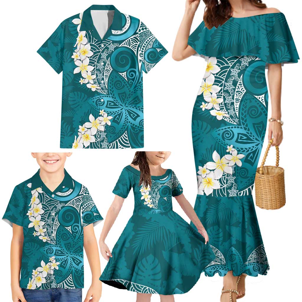 Cyan Polynesian Tribal Frangipani Tropical Vibe Family Matching Mermaid Dress and Hawaiian Shirt LT14 - Polynesian Pride
