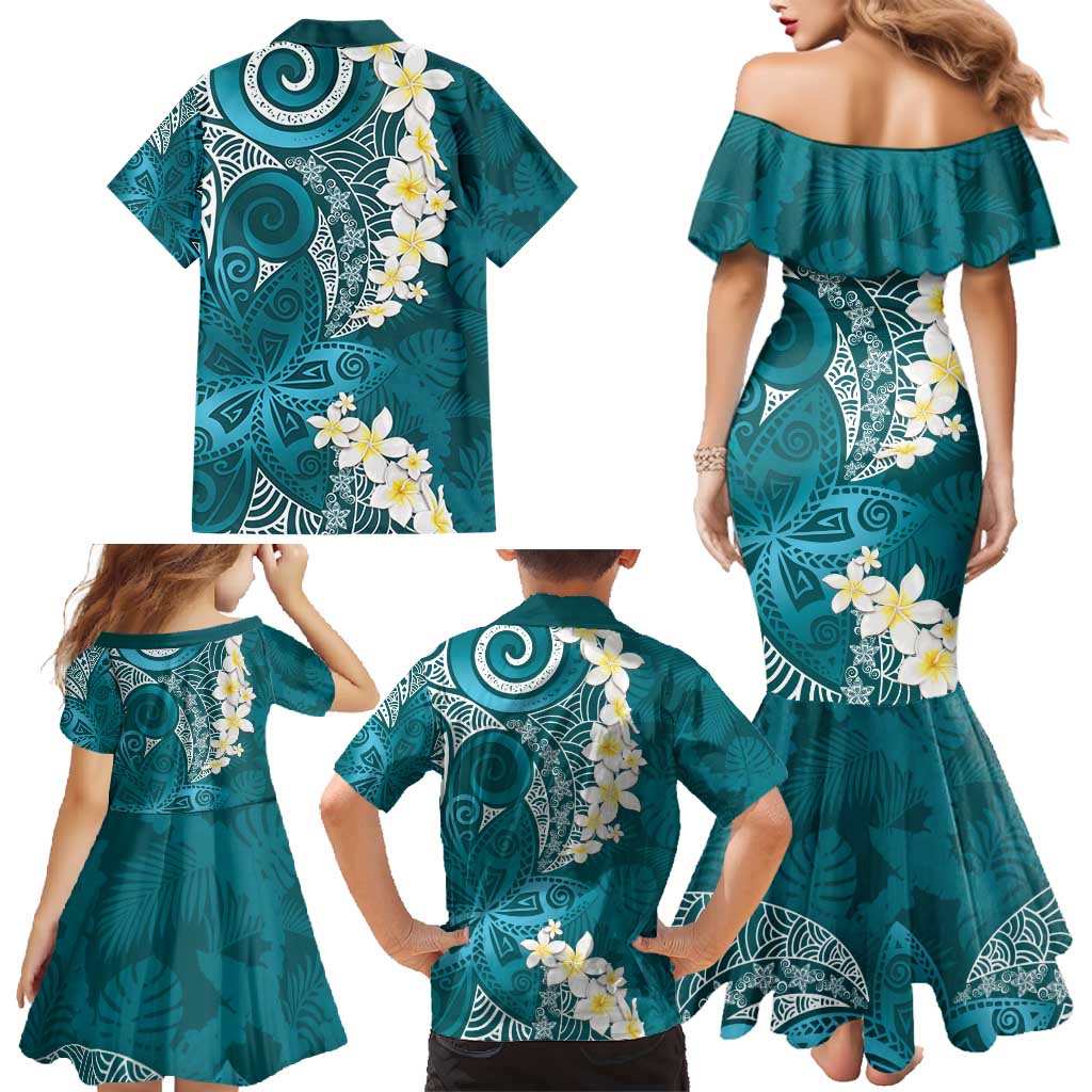 Cyan Polynesian Tribal Frangipani Tropical Vibe Family Matching Mermaid Dress and Hawaiian Shirt LT14 - Polynesian Pride