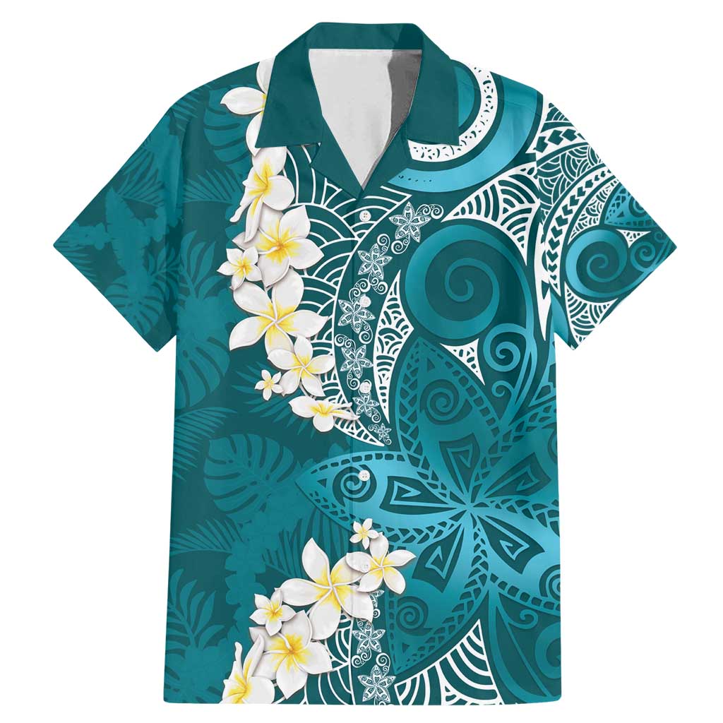 Cyan Polynesian Tribal Frangipani Tropical Vibe Family Matching Mermaid Dress and Hawaiian Shirt LT14 Dad's Shirt - Short Sleeve Cyan - Polynesian Pride