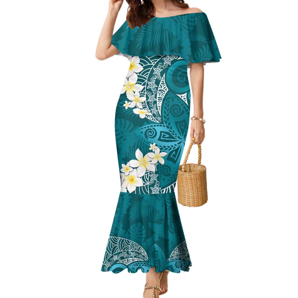 Cyan Polynesian Tribal Frangipani Tropical Vibe Family Matching Mermaid Dress and Hawaiian Shirt LT14 Mom's Dress Cyan - Polynesian Pride