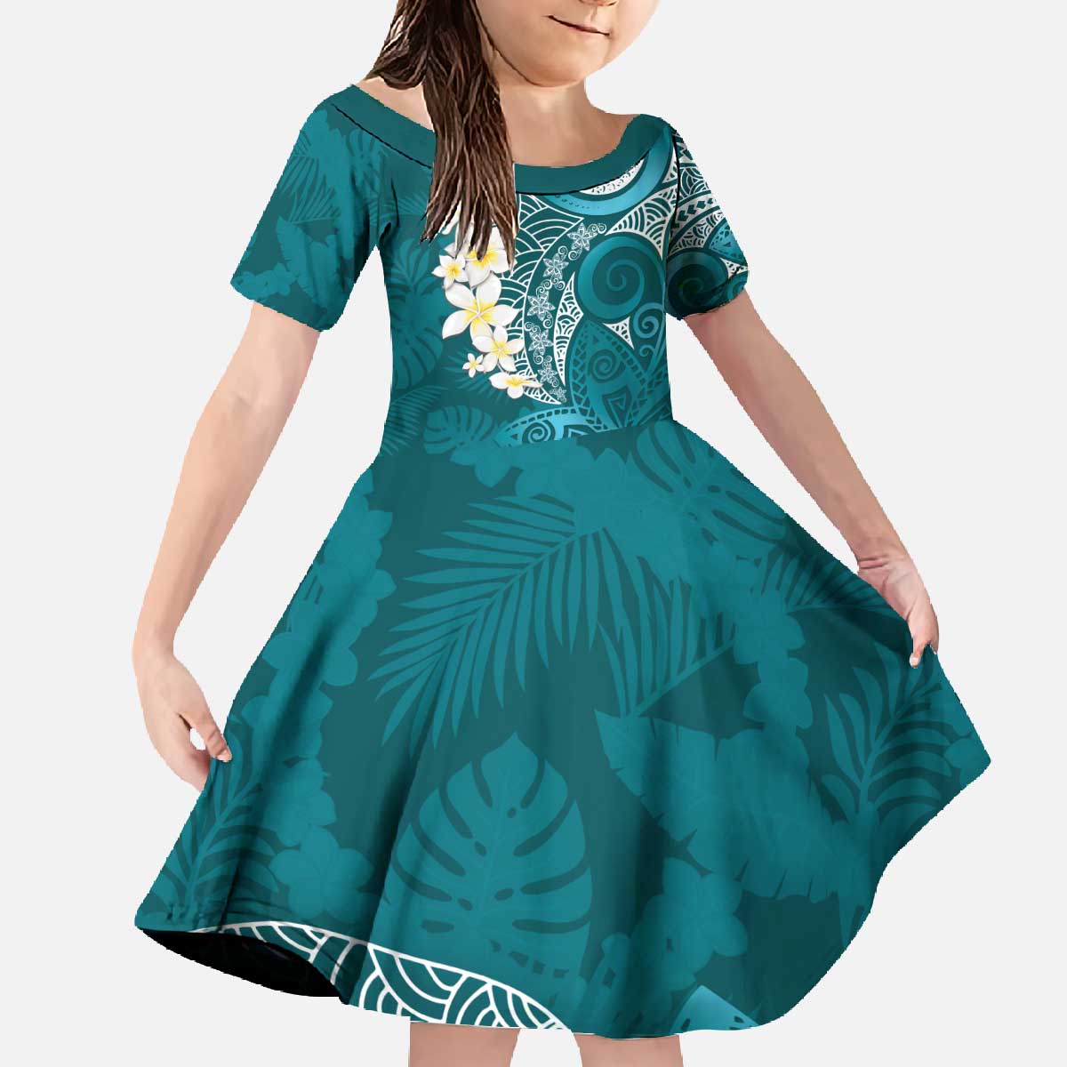Cyan Polynesian Tribal Frangipani Tropical Vibe Family Matching Off The Shoulder Long Sleeve Dress and Hawaiian Shirt LT14 Daughter's Dress Cyan - Polynesian Pride