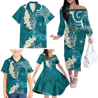 Cyan Polynesian Tribal Frangipani Tropical Vibe Family Matching Off The Shoulder Long Sleeve Dress and Hawaiian Shirt LT14 - Polynesian Pride