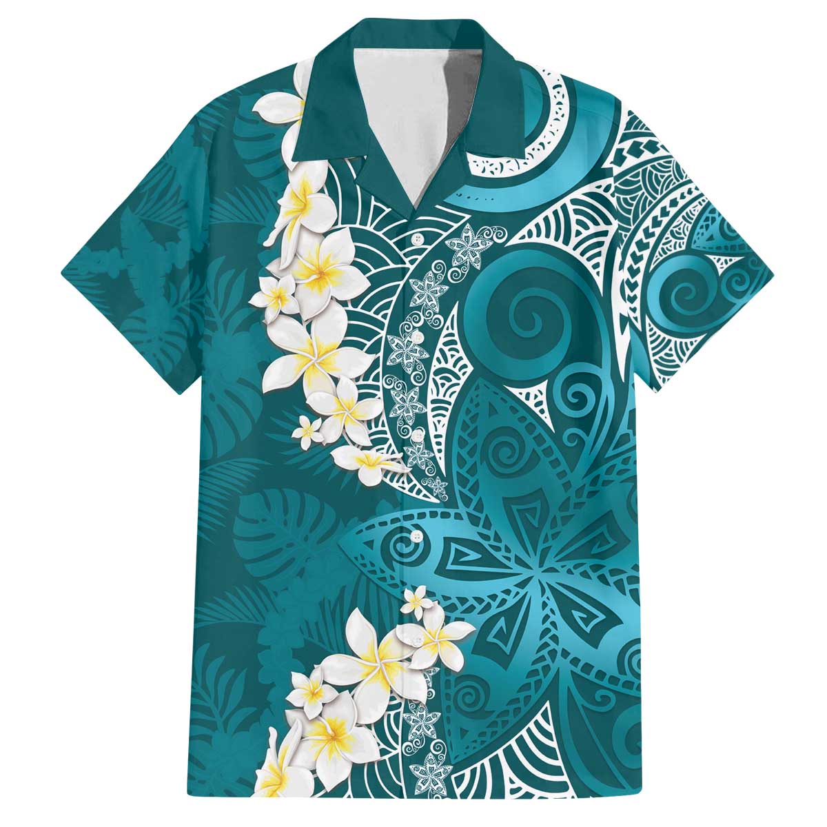 Cyan Polynesian Tribal Frangipani Tropical Vibe Family Matching Off The Shoulder Long Sleeve Dress and Hawaiian Shirt LT14 Dad's Shirt - Short Sleeve Cyan - Polynesian Pride