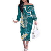 Cyan Polynesian Tribal Frangipani Tropical Vibe Family Matching Off The Shoulder Long Sleeve Dress and Hawaiian Shirt LT14 Mom's Dress Cyan - Polynesian Pride