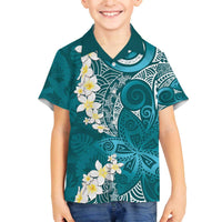 Cyan Polynesian Tribal Frangipani Tropical Vibe Family Matching Off The Shoulder Long Sleeve Dress and Hawaiian Shirt LT14 Son's Shirt Cyan - Polynesian Pride
