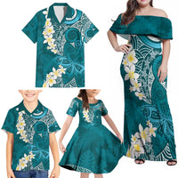 Cyan Polynesian Tribal Frangipani Tropical Vibe Family Matching Off Shoulder Maxi Dress and Hawaiian Shirt LT14 - Polynesian Pride