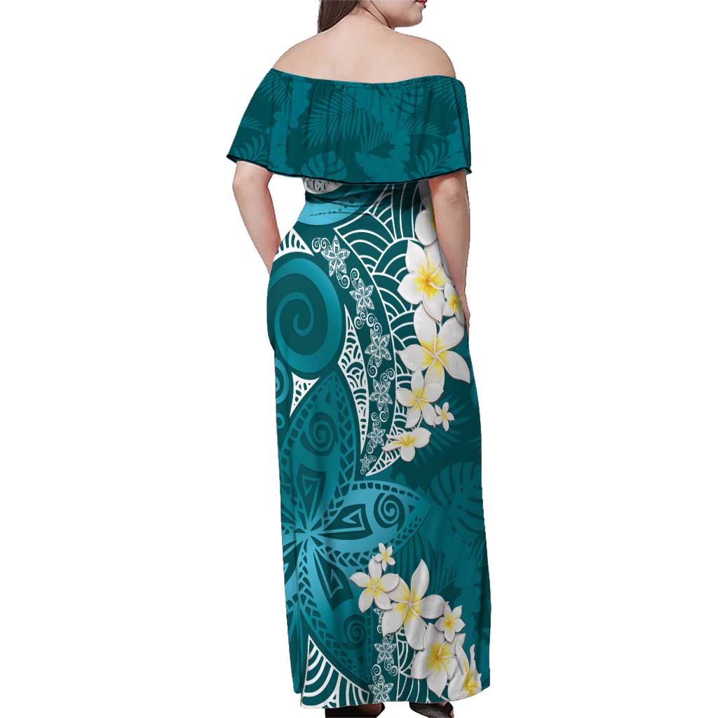 Cyan Polynesian Tribal Frangipani Tropical Vibe Family Matching Off Shoulder Maxi Dress and Hawaiian Shirt LT14 - Polynesian Pride