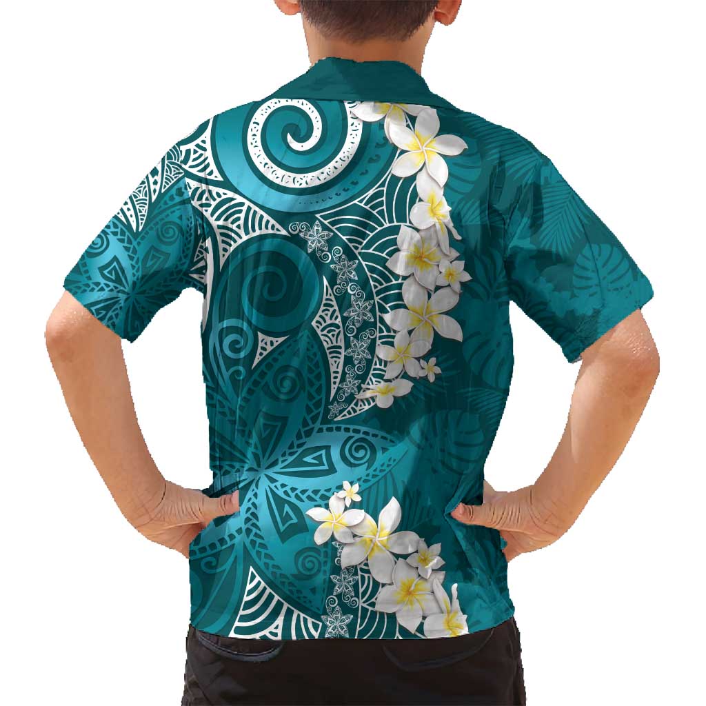 Cyan Polynesian Tribal Frangipani Tropical Vibe Family Matching Off Shoulder Short Dress and Hawaiian Shirt LT14 - Polynesian Pride