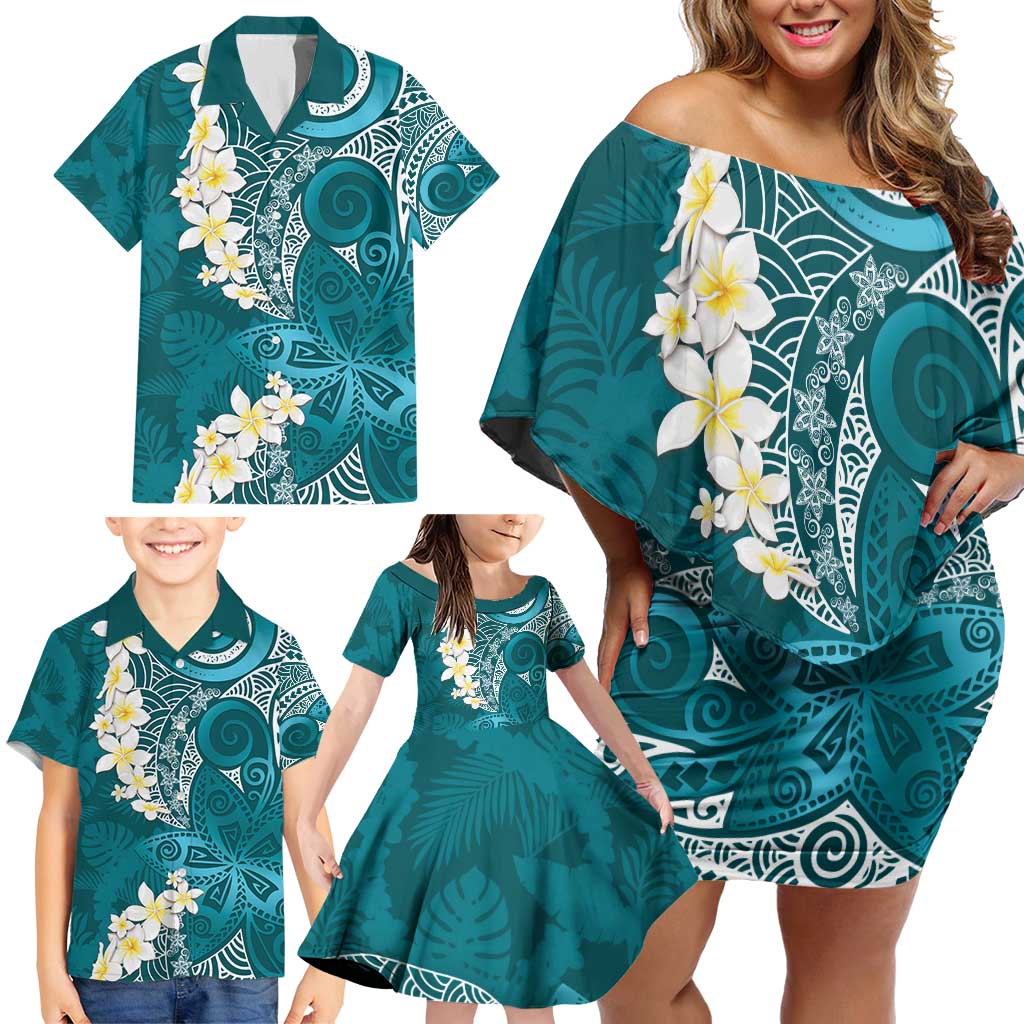 Cyan Polynesian Tribal Frangipani Tropical Vibe Family Matching Off Shoulder Short Dress and Hawaiian Shirt LT14 - Polynesian Pride