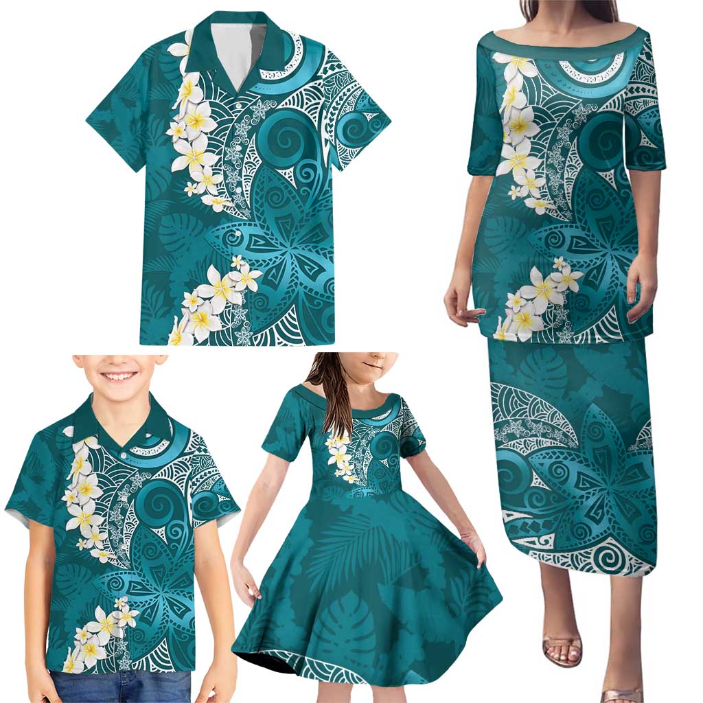 Cyan Polynesian Tribal Frangipani Tropical Vibe Family Matching Puletasi and Hawaiian Shirt LT14 - Polynesian Pride