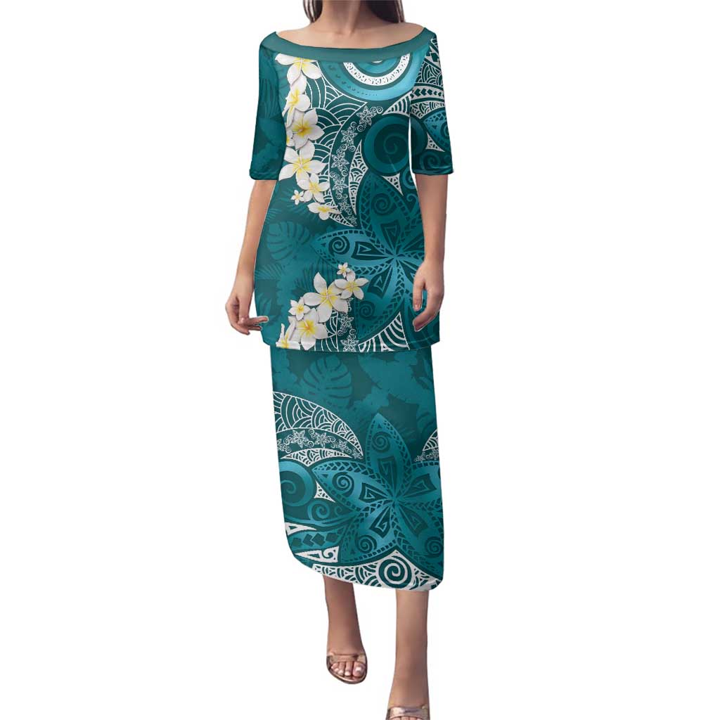Cyan Polynesian Tribal Frangipani Tropical Vibe Family Matching Puletasi and Hawaiian Shirt LT14 Mom's Dress Cyan - Polynesian Pride