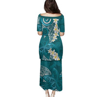 Cyan Polynesian Tribal Frangipani Tropical Vibe Family Matching Puletasi and Hawaiian Shirt LT14 - Polynesian Pride