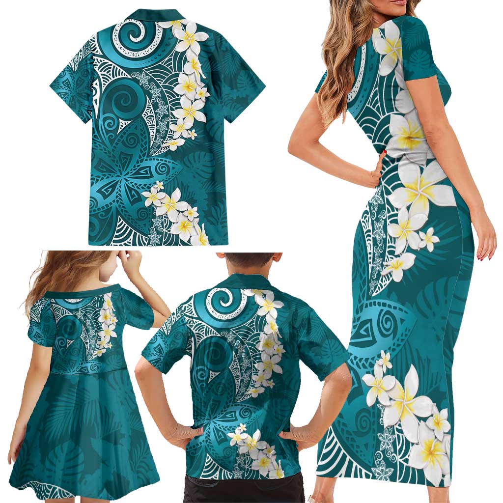 Cyan Polynesian Tribal Frangipani Tropical Vibe Family Matching Short Sleeve Bodycon Dress and Hawaiian Shirt LT14 - Polynesian Pride