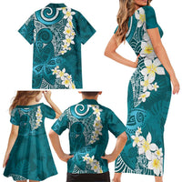 Cyan Polynesian Tribal Frangipani Tropical Vibe Family Matching Short Sleeve Bodycon Dress and Hawaiian Shirt LT14 - Polynesian Pride