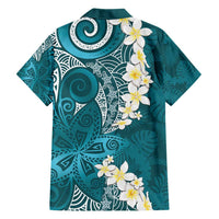 Cyan Polynesian Tribal Frangipani Tropical Vibe Family Matching Short Sleeve Bodycon Dress and Hawaiian Shirt LT14 - Polynesian Pride