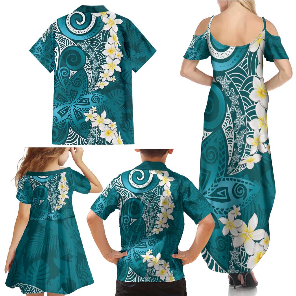 Cyan Polynesian Tribal Frangipani Tropical Vibe Family Matching Summer Maxi Dress and Hawaiian Shirt LT14 - Polynesian Pride