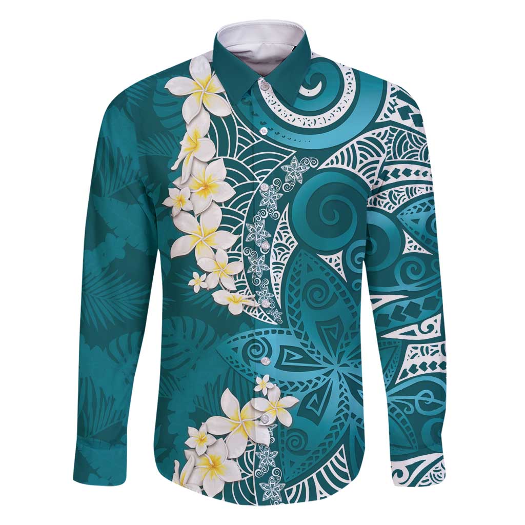 Cyan Polynesian Tribal Frangipani Tropical Vibe Family Matching Summer Maxi Dress and Hawaiian Shirt LT14 Dad's Shirt - Long Sleeve Cyan - Polynesian Pride