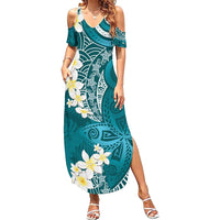 Cyan Polynesian Tribal Frangipani Tropical Vibe Family Matching Summer Maxi Dress and Hawaiian Shirt LT14 Mom's Dress Cyan - Polynesian Pride