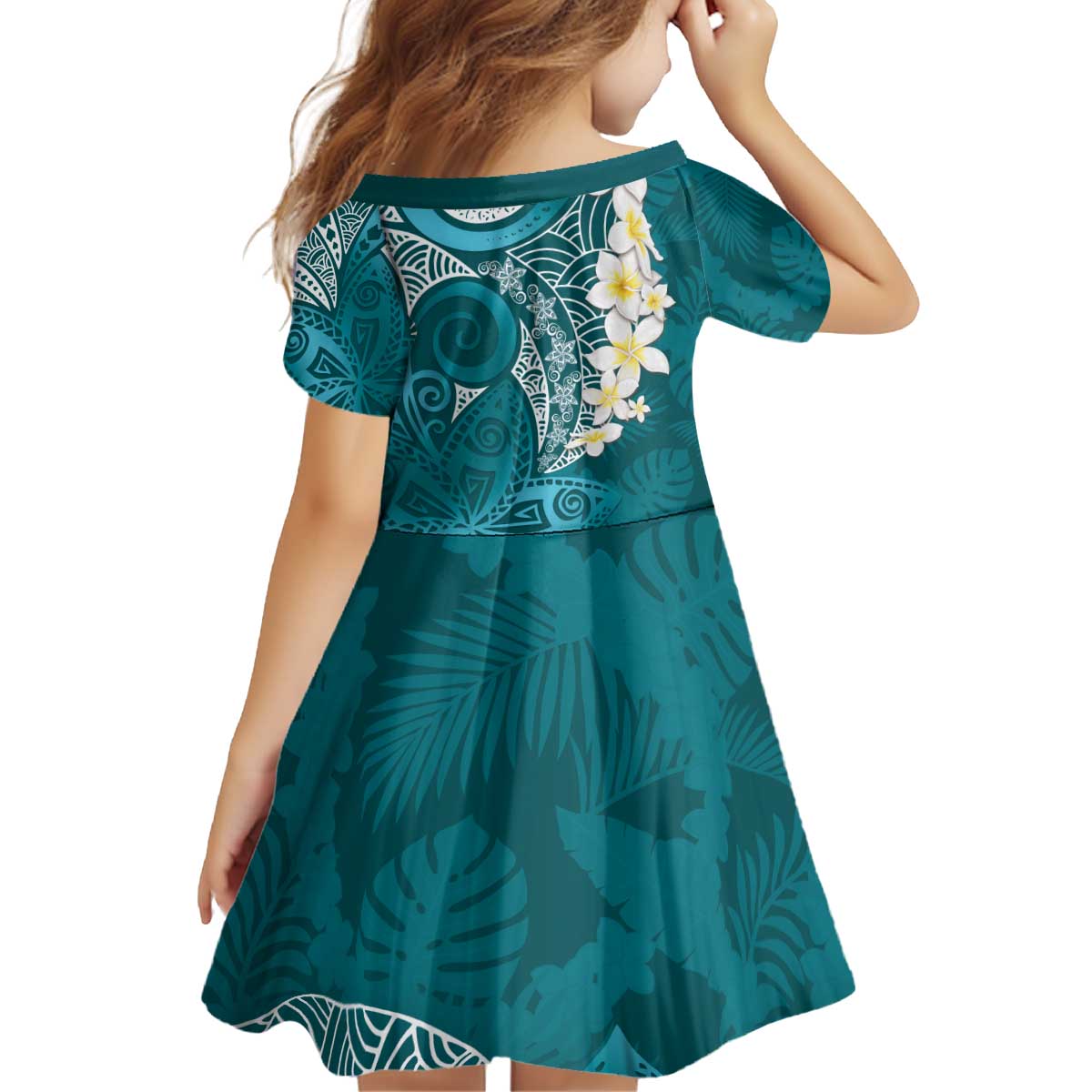 Cyan Polynesian Tribal Frangipani Tropical Vibe Kid Short Sleeve Dress