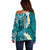 Cyan Polynesian Tribal Frangipani Tropical Vibe Off Shoulder Sweater