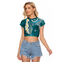 Cyan Polynesian Tribal Frangipani Tropical Vibe Raglan Cropped T Shirt LT14 Female Cyan - Polynesian Pride