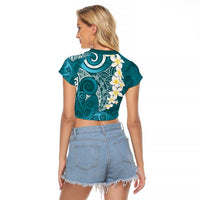 Cyan Polynesian Tribal Frangipani Tropical Vibe Raglan Cropped T Shirt LT14 - Polynesian Pride