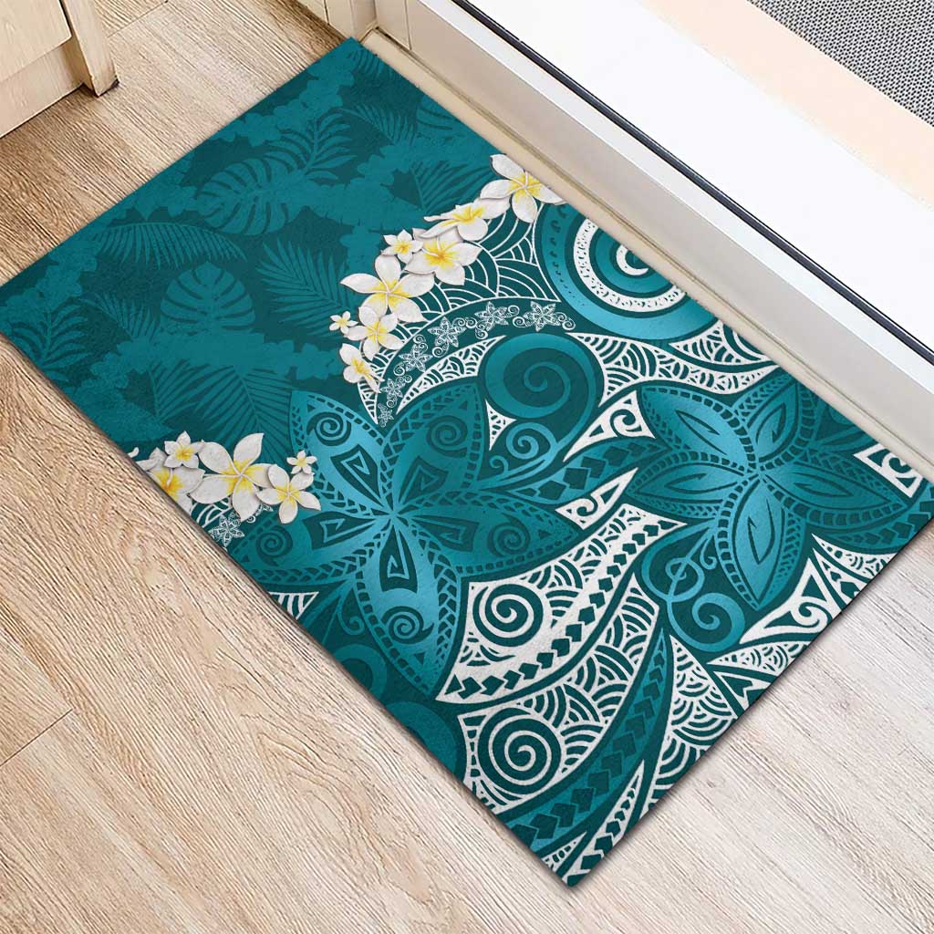 Cyan Polynesian Tribal Frangipani Tropical Vibe Rubber Doormat