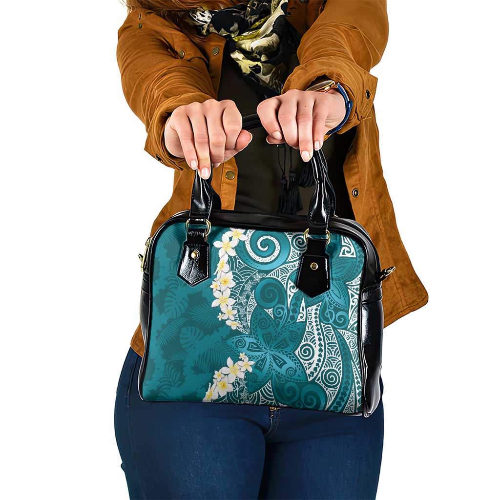 Cyan Polynesian Tribal Frangipani Tropical Vibe Shoulder Handbag