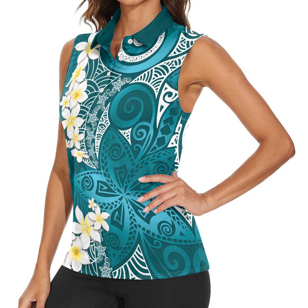 Cyan Polynesian Tribal Frangipani Tropical Vibe Women Sleeveless Polo Shirt LT14 - Polynesian Pride