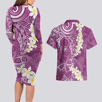 Pink Polynesian Tribal Frangipani Tropical Vibe Couples Matching Long Sleeve Bodycon Dress and Hawaiian Shirt LT14 - Polynesian Pride