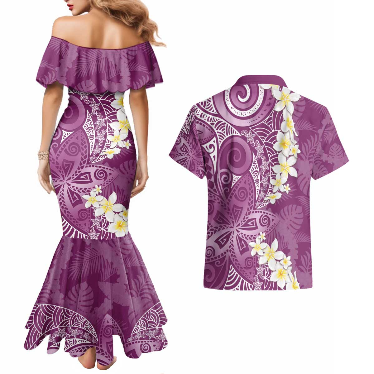 Pink Polynesian Tribal Frangipani Tropical Vibe Couples Matching Mermaid Dress and Hawaiian Shirt LT14 - Polynesian Pride