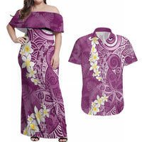Pink Polynesian Tribal Frangipani Tropical Vibe Couples Matching Off Shoulder Maxi Dress and Hawaiian Shirt LT14 Pink - Polynesian Pride