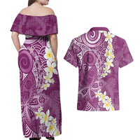 Pink Polynesian Tribal Frangipani Tropical Vibe Couples Matching Off Shoulder Maxi Dress and Hawaiian Shirt LT14 - Polynesian Pride