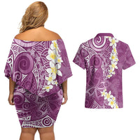 Pink Polynesian Tribal Frangipani Tropical Vibe Couples Matching Off Shoulder Short Dress and Hawaiian Shirt LT14 - Polynesian Pride