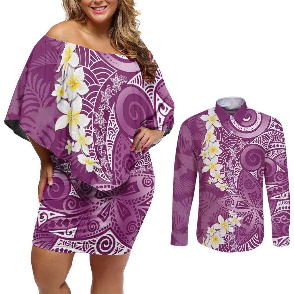 Pink Polynesian Tribal Frangipani Tropical Vibe Couples Matching Off Shoulder Short Dress and Long Sleeve Button Shirt LT14 Pink - Polynesian Pride