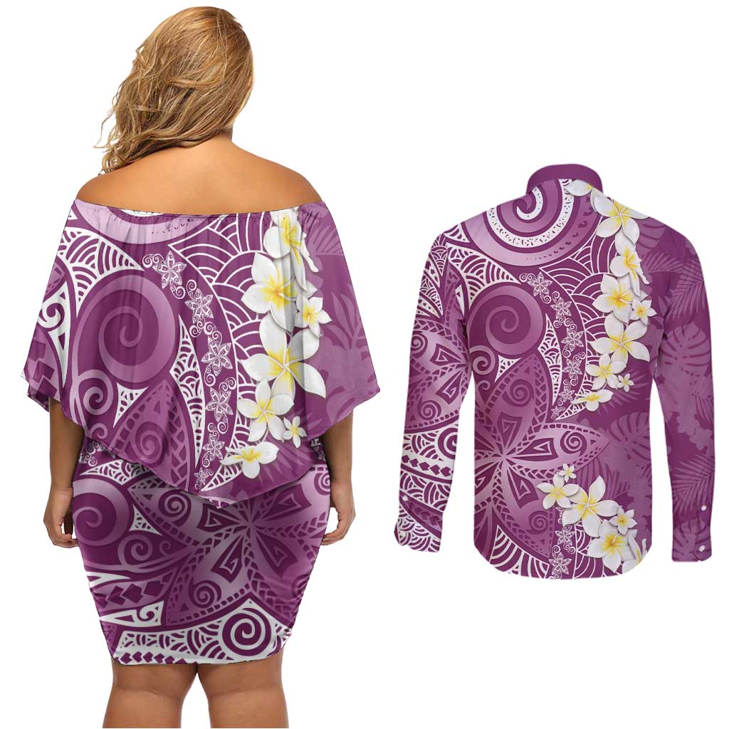 Pink Polynesian Tribal Frangipani Tropical Vibe Couples Matching Off Shoulder Short Dress and Long Sleeve Button Shirt LT14 - Polynesian Pride