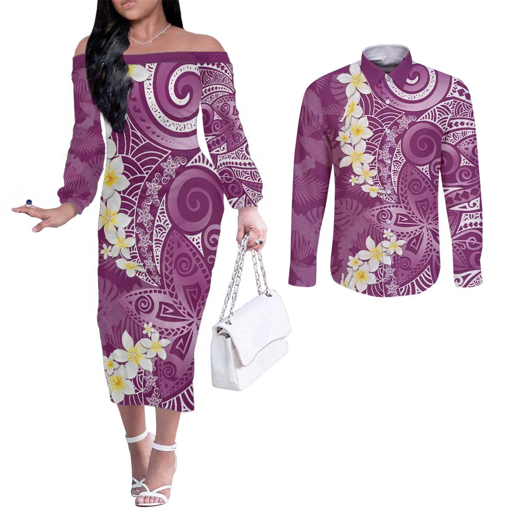 Pink Polynesian Tribal Frangipani Tropical Vibe Couples Matching Off The Shoulder Long Sleeve Dress and Long Sleeve Button Shirt LT14 Pink - Polynesian Pride