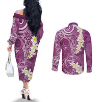 Pink Polynesian Tribal Frangipani Tropical Vibe Couples Matching Off The Shoulder Long Sleeve Dress and Long Sleeve Button Shirt LT14 - Polynesian Pride