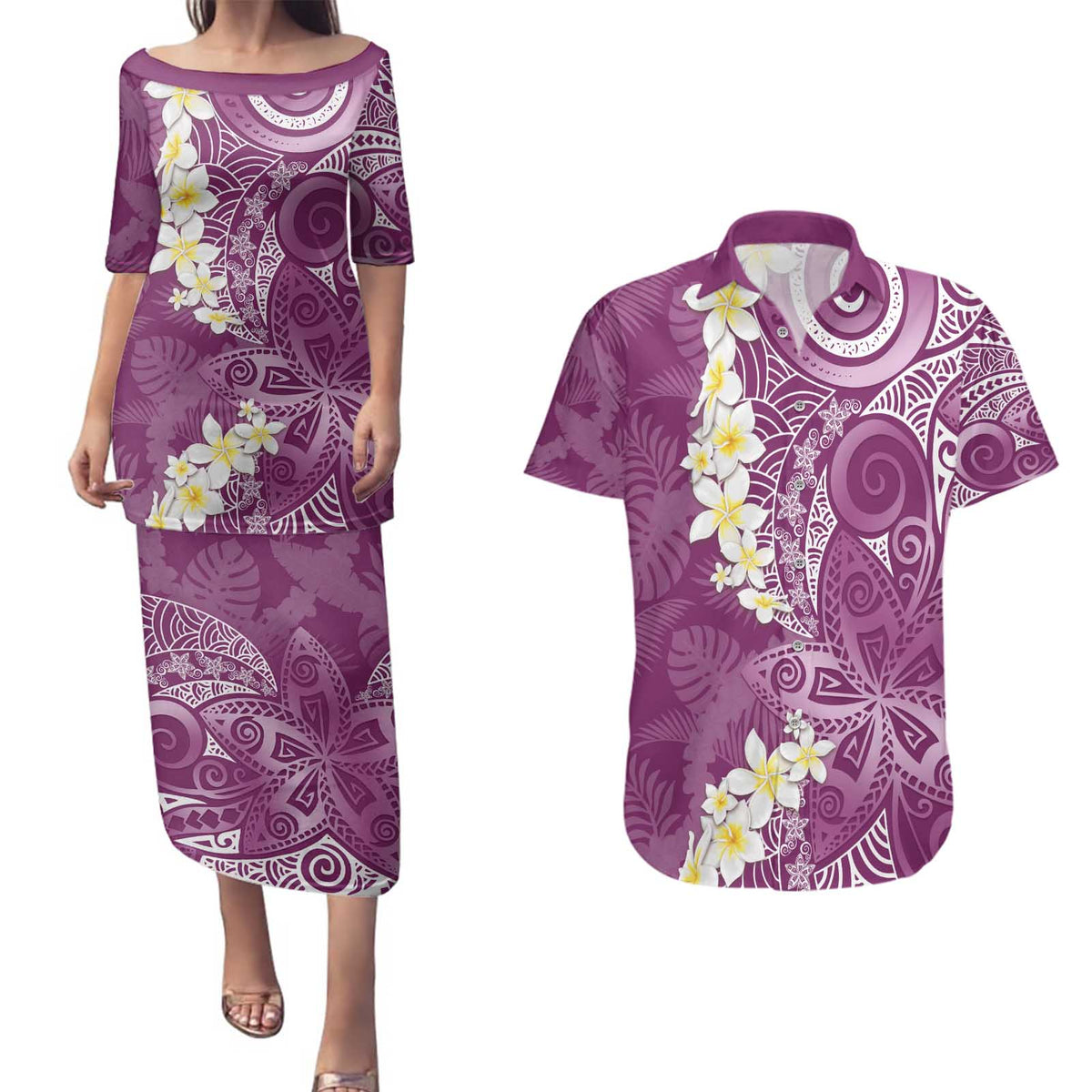 Pink Polynesian Tribal Frangipani Tropical Vibe Couples Matching Puletasi and Hawaiian Shirt LT14 Pink - Polynesian Pride