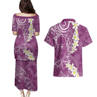 Pink Polynesian Tribal Frangipani Tropical Vibe Couples Matching Puletasi and Hawaiian Shirt LT14 - Polynesian Pride