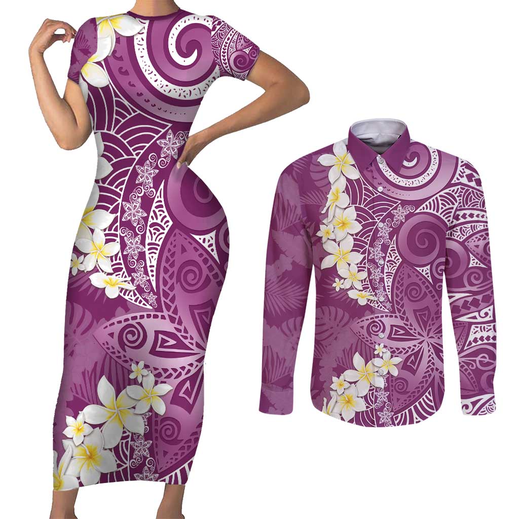 Pink Polynesian Tribal Frangipani Tropical Vibe Couples Matching Short Sleeve Bodycon Dress and Long Sleeve Button Shirt LT14 Pink - Polynesian Pride