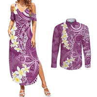 Pink Polynesian Tribal Frangipani Tropical Vibe Couples Matching Summer Maxi Dress and Long Sleeve Button Shirt LT14 Pink - Polynesian Pride