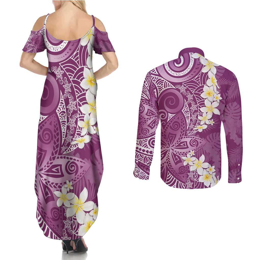 Pink Polynesian Tribal Frangipani Tropical Vibe Couples Matching Summer Maxi Dress and Long Sleeve Button Shirt LT14 - Polynesian Pride