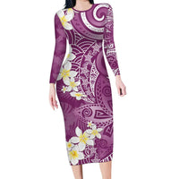Pink Polynesian Tribal Frangipani Tropical Vibe Family Matching Long Sleeve Bodycon Dress and Hawaiian Shirt LT14 Mom's Dress Pink - Polynesian Pride