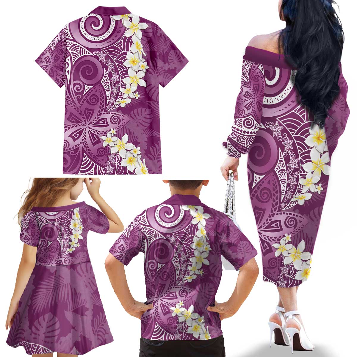 Pink Polynesian Tribal Frangipani Tropical Vibe Family Matching Off The Shoulder Long Sleeve Dress and Hawaiian Shirt LT14 - Polynesian Pride