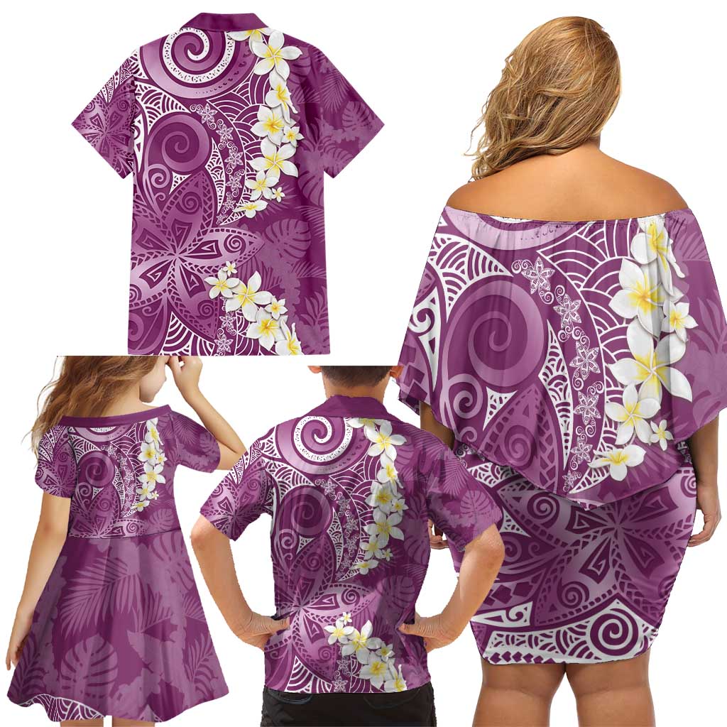 Pink Polynesian Tribal Frangipani Tropical Vibe Family Matching Off Shoulder Short Dress and Hawaiian Shirt LT14 - Polynesian Pride