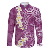 Pink Polynesian Tribal Frangipani Tropical Vibe Family Matching Off Shoulder Short Dress and Hawaiian Shirt LT14 Dad's Shirt - Long Sleeve Pink - Polynesian Pride