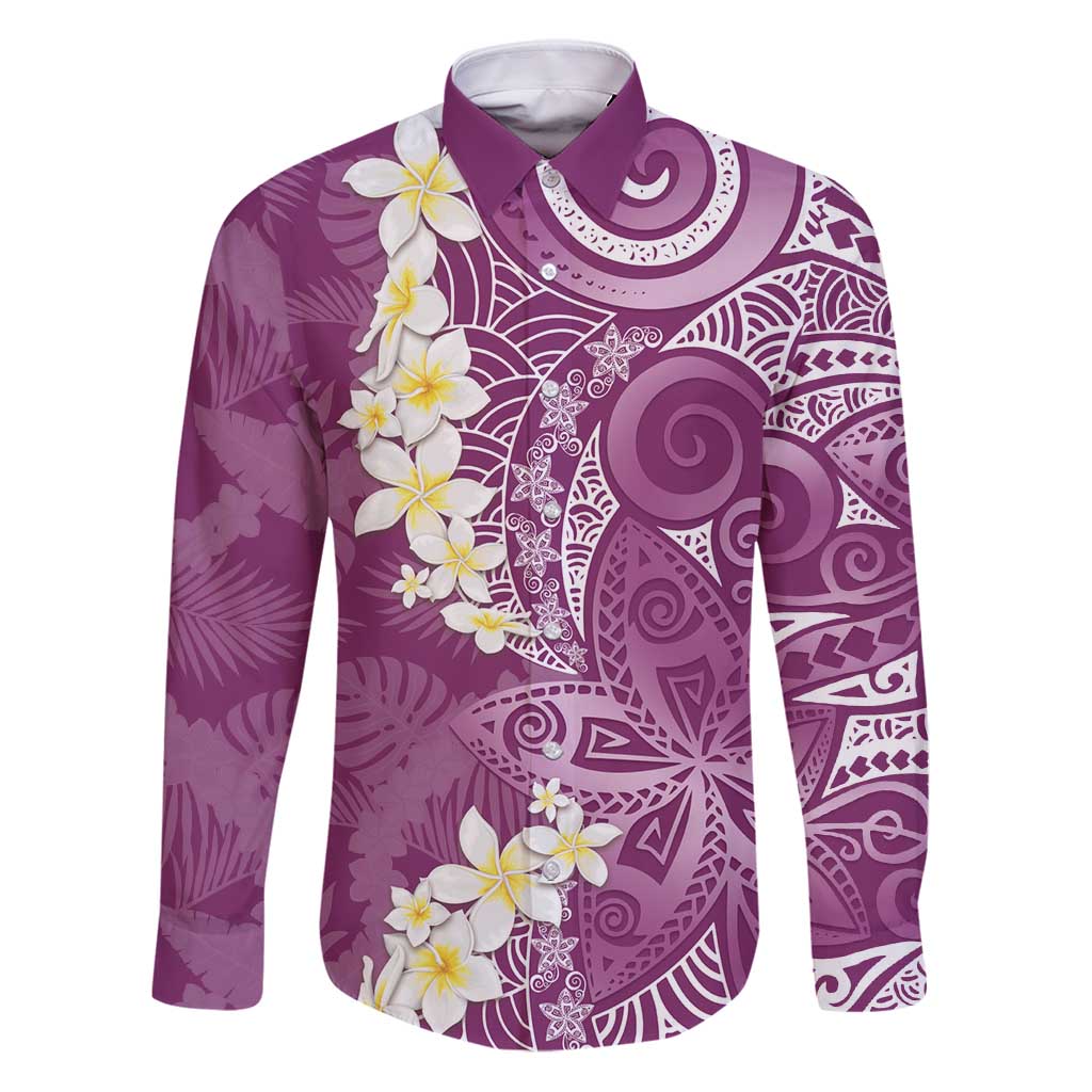 Pink Polynesian Tribal Frangipani Tropical Vibe Family Matching Puletasi and Hawaiian Shirt LT14 Dad's Shirt - Long Sleeve Pink - Polynesian Pride