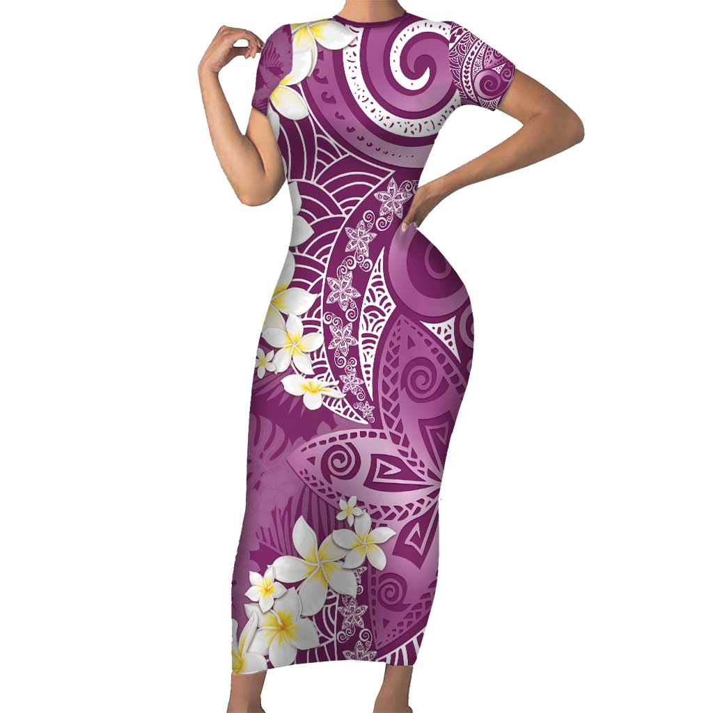 Pink Polynesian Tribal Frangipani Tropical Vibe Family Matching Short Sleeve Bodycon Dress and Hawaiian Shirt LT14 Mom's Dress Pink - Polynesian Pride
