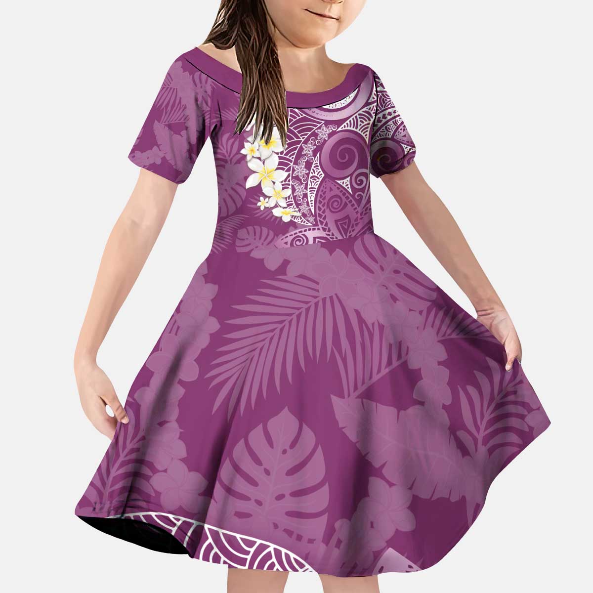 Pink Polynesian Tribal Frangipani Tropical Vibe Kid Short Sleeve Dress